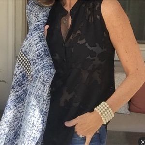 Cabi  Black Clip Art Sheer Button Up Sleeveless Blouse Top  Size S
